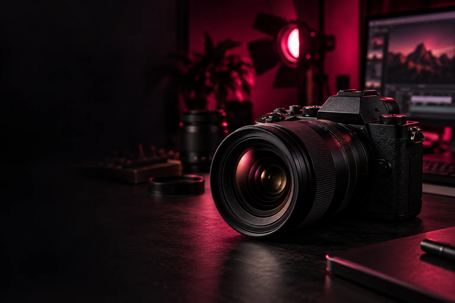 Câmera em um estúdio audiovisual com iluminação magenta