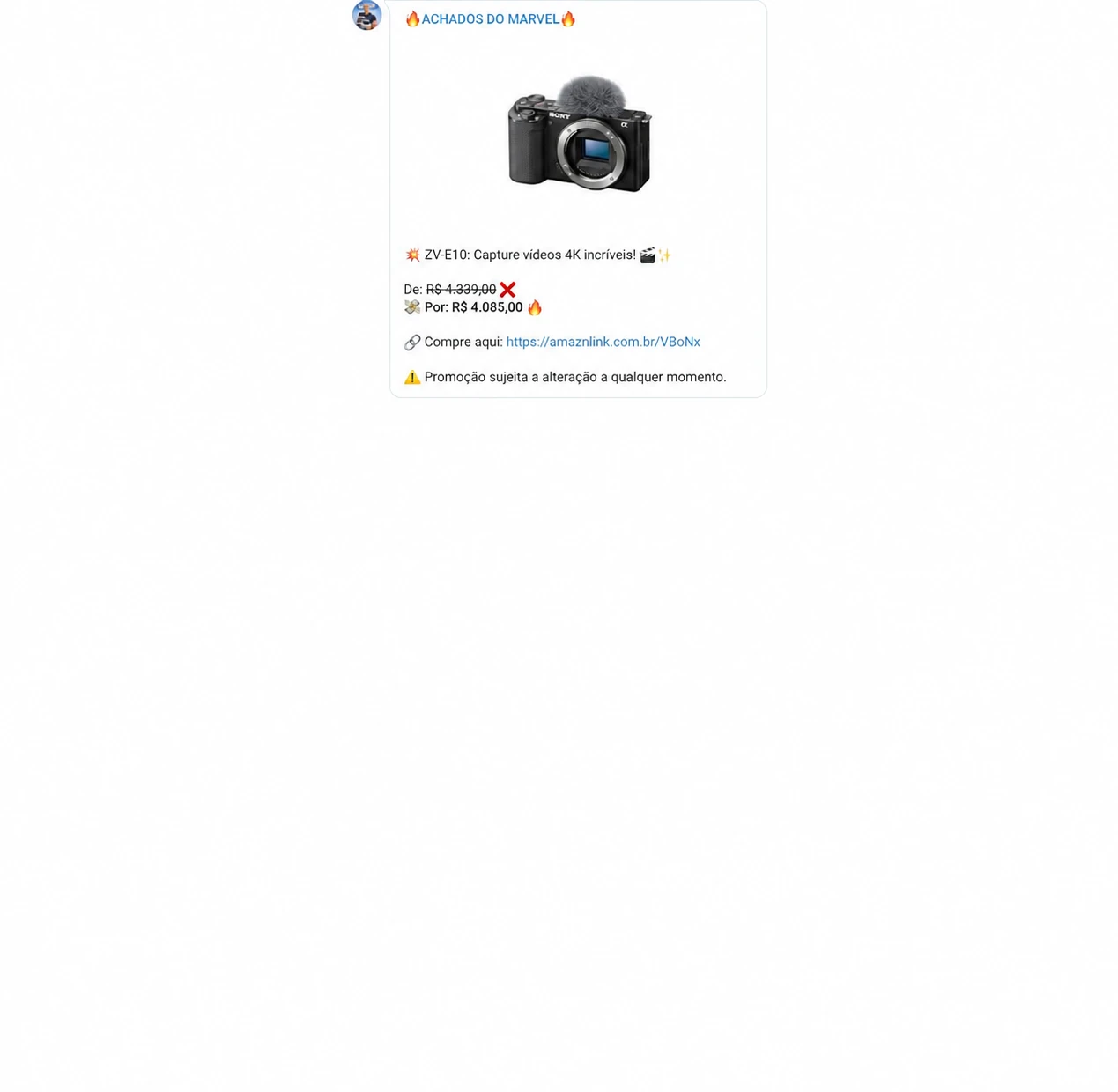 Print com informações secundárias removidas: Sony ZV-E10, com preço e condições da época.